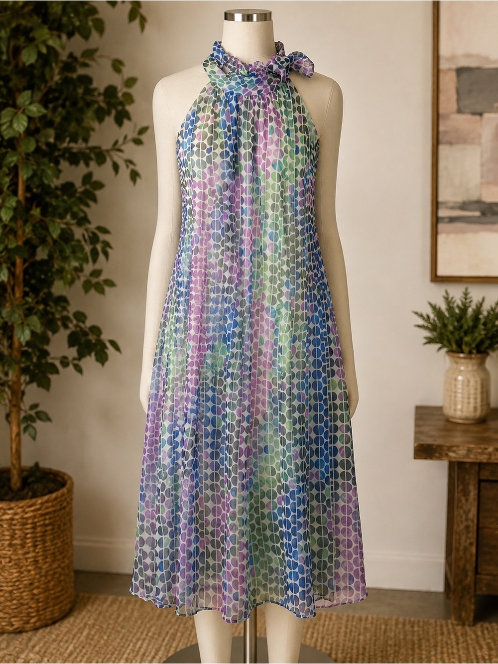 Sheer Halter Midi Dress in Blue Green Purple - Jonathan Martin Sz 8